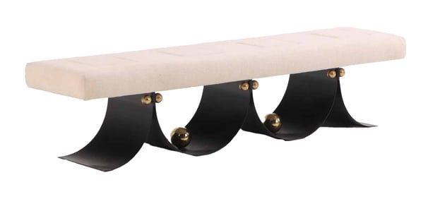 ONE OF TWO MODERN PAINTED IRON BENCHES HAVING BRASS BALL DECORATION AND SEGMENTED UPHOLSTERED