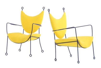 PAIR OF PAINTED IRON UPHOLSTERED ARM CHAIRS WITH LOOP DESIGN IN THE MANNER OF JEAN ROYERE.