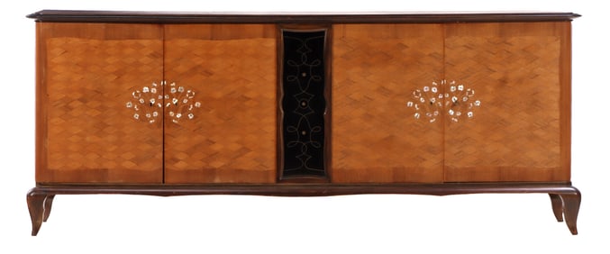 FRENCH SIDEBOARD HAVING MOTHER OF PEARL INLAY ATTRIBUTED TO JULES LELEU C 1950.