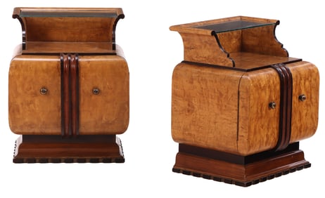 PAIR OF BIRDSEYE MAPLE AND WALNUT ART DECO CABINETS OR NIGHT STAND SHAVING GLASS SHELVES AND