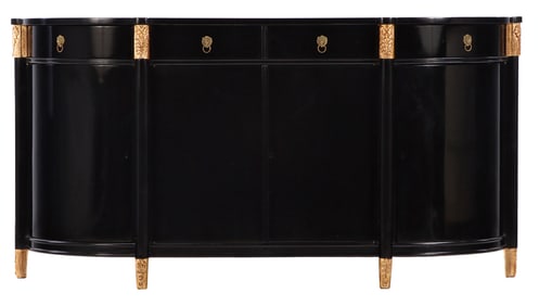 EBONIZED AND GILT CARVED ART DECO SIDEBOARD HAVING A SHAPED CASE WITH FOUR DOORS C 1940.