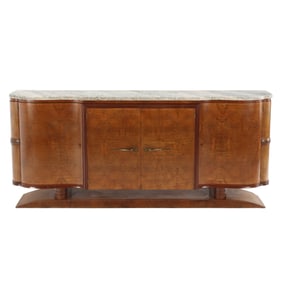 FRENCH FIGURED WALNUT MARBLE TOP SIDEBOARD C 1940.