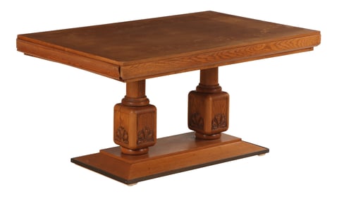 FRENCH ART DECO OAK DINING TABLE HAVING PULL OUT ENDS TO SUPORT LEAVES ( NOT PRESENT) C 1940.