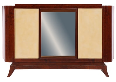 FRENCH ART DECO AMBOYNA SERVER HAVING TWO PARCHMENT COVERED DOORS WITH AN OPEN MIRRORED