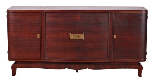 FRENCH AFRICAN MAHOGANY FOUR DOOR ART DECO SIDEBOARD C 1940 HAVING A SYCAMORE INTERIOR.