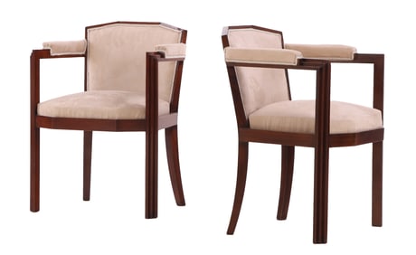 PAIR FRENCH ROSEWOOD ART DECO OPEN ARM CHAIRS WITH ANGULAR DESIGN C 1930.