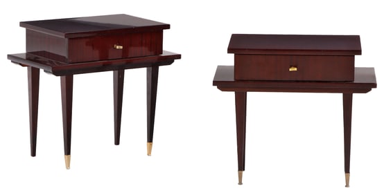 PAIR FRENCH MAHOGANY SINGLE DRAWER NIGHT STANDS ON TAPERED LEGS C 1940.