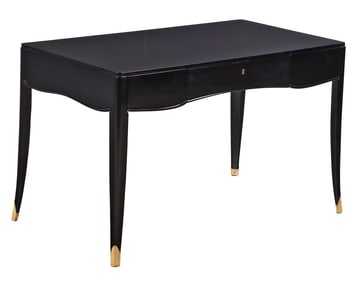 EBONIZED MAHOGANY AND OAK THREE DRAWER BRONZE MOUNTED WRITING TABLE ATTRIBUTED TO SUE ET MARE C