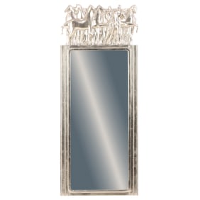 WHITE GOLD LEAF ART DECO STYLE FIGURAL CARVED MIRROR. LABELED ON REVERSE WITH A GREAT STORY.