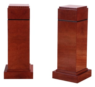 PAIR OF FRENCH ART DECO STYLE PEDESTALS IN AMBOYNA WOOD HAVING EBONIZED ACCENTS.