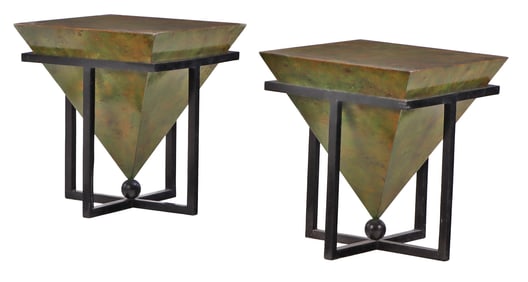 PAIR ART DECO STYLE END TABLES HAVING INVERTED BURLWOOD PYRAMIDS RESTING IN A METAL FRAME.