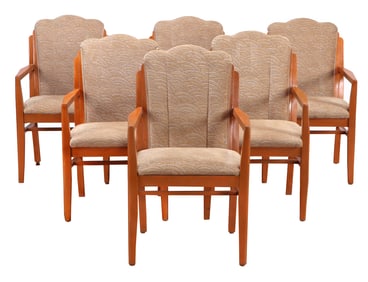 SIX ART DECO OPEN ARM CHAIRS C. 1940 HAVING SCALLOPED BACKS WITH GREAT FABRIC.