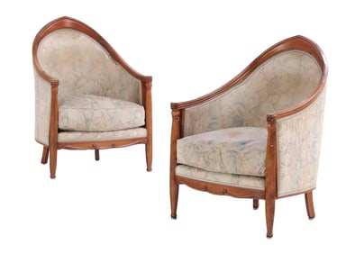 PAIR FRENCH ART DECO LOUNGE CHAIRS HAVING PEAKED BACKS C 1935.