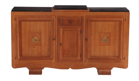 FRENCH ART DECO OAK SIDEBOARD HAVING MARBLE TOPS AND BRONZE SHIP DECORATION C 1940.