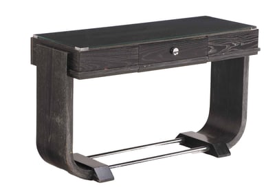 FRENCH DARK CERUSED OAK CONSOLE TABLE HAVING A SINGLE DRAWER, GLASS TOP AND CHROMED STRETCHER C