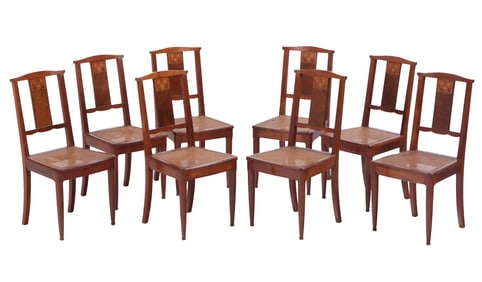 EIGHT FRENCH ART NOVEAU DINING CHAIRS C 1925 HAVING INLAID BACK SPLATS,