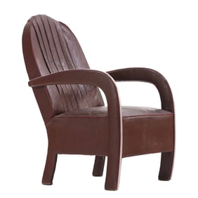 LEATHER ART DECO ARM CHAIR WITH CHROME TRIM C 1940.