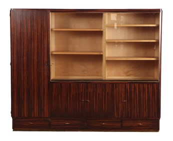 A FRENCH EBONY MACASSAR CABINET WITH SLIDING GLASS DOORS, FOUR DOORS, FOUR DRAWERS AND A SYCAMORE
