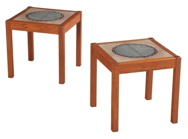 PAIR OF DANISH MAHOGANY AND TILE END TABLES C 1970. SIGNED.