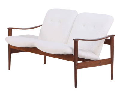 DANISH STYLE UPHOLSTERED SETTEE IN THE MANNER OF FINN JUHL C 1955 HAVING NEW FABRIC.: Danish style upholstered settee in the manner of Finn Juhl C 1955 having new fabric. Ht: 28.75" Wd: 51" Dpth: 31" Seat: 17"