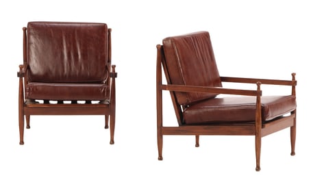 PAIR DANISH STYLE OPEN ARM CHAIRS C 1960 HAVING LOOSE LEATHER CUSHIONS.