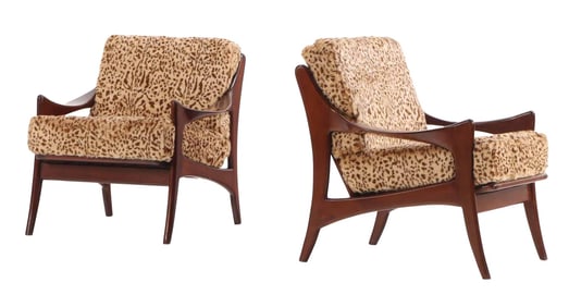 PAIR DANISH STYLE LOUNGE CHAIRS WITH FAUX LEOPARD UPHOLSTERY AND NICELY SHAPED ARMS.