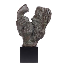 A MID CENTURY MODERN BRONZE STATUE DEPICTING A MAN BLOWING THE SHOFAR, SIGNED INDISTINCTLY AND