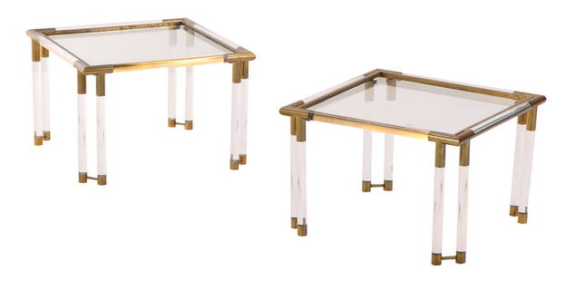 PAIR FRENCH LUCITE AND BRASS GLASS TOP END TABLES C 1970.: Pair French lucite and brass glass top end tables C 1970. Ht: 16" Wd: 23.5" Dpth: 23.5"