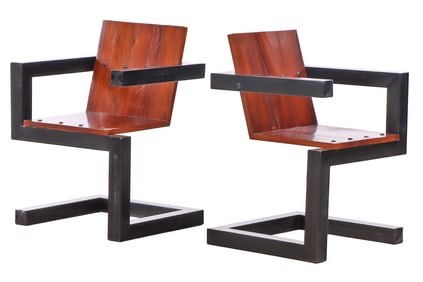 PAIR PAINTED IRON AND WOOD ASYMMETRIC OPEN ARM CHAIRS.