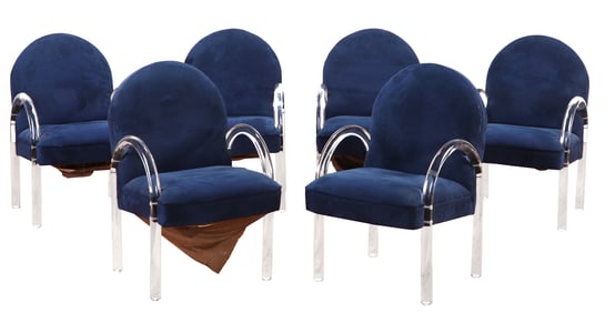 SIX LUCITE ARM CHAIRS BY PACE HAVING RECENT FABRIC.