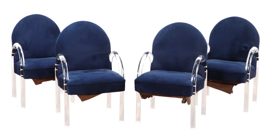 FOUR LUCITE ARM CHAIRS BY PACE HAVING RECENT FABRIC.