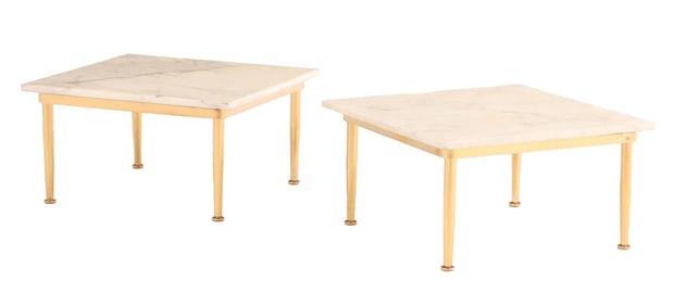 PAIR FRENCH BRASS AND MARBLE END TABLES C 1970.