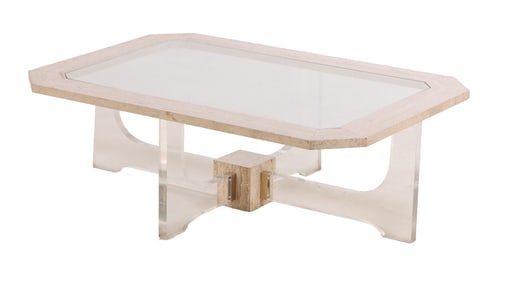 FRENCH LUCITE AND TRAVERTINE COFFEE TABLE C 1970.