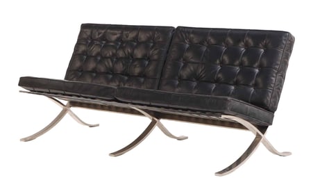 A BARCELONA STYLE LEATHER TWO SEAT BENCHES C 1975.