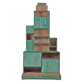 TWO PART PAUL FRANKL STYLE GREEN AND NATURAL CERUSED OAK BOOKCASE.