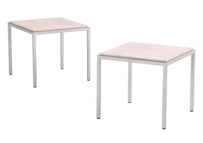 PAIR ALUMINUM AND TRAVERTINE END TABLES.