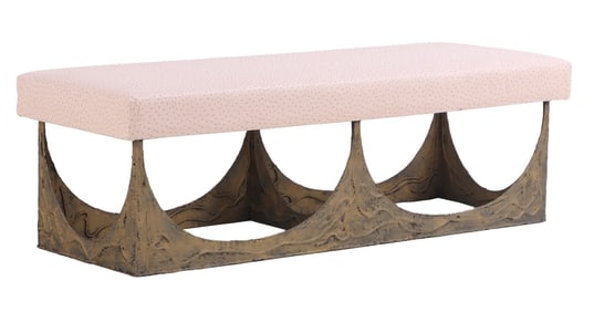LARGE IRON AND UPHOLSTERED BENCH IN THE MANNER OF PAUL EVANS.
