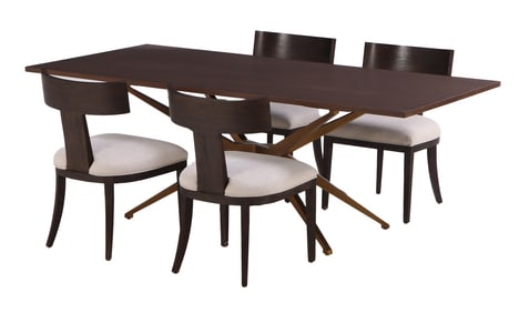 FOUR KLISMOS STYLE SIDE CHAIRS AND MATCHING TABLE WITH METAL BASE BY RESTORATION HARDWARE