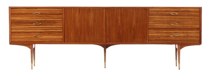 ROSEWOOD AND MAHOGANY SIDEBOARD HAVING CENTRAL DOORS FLANKED BY BANKS OF THREE DRAWERS WITH