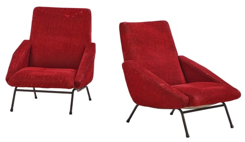 PAIR UPHOLSTERED LOUNGE CHAIRS C 1950 ON IRON FRAMES.