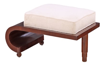 UNUSUAL ASYMMETRIC WOOD STOOL HAVING A SINGLE CURVED END AND LOOSE CUSHION UPHOLSTERY.