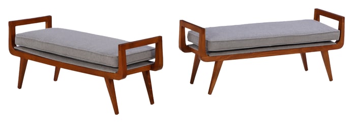 PAIR WOOD AND UPHOLSTERED WINDOW BENCHES WITH LOOSE CUSHION AND OPEN ARMS.