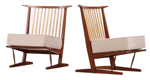 PAIR TWO TONE LOUNGE CHAIRS WITH LOOSE CUSHION SEATS IN THE MANNER OF NAKASHIMA.