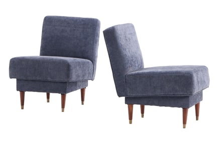 UNUSUAL PAIR OF UPHOLSTERED SLIPPER CHAIRS C 1950 HAVING NEW FABRIC.