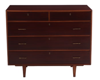 RIBBON MAHOGANY FIVE DRAWER DRESSER WITH BRASS HARDWARE C 1950.