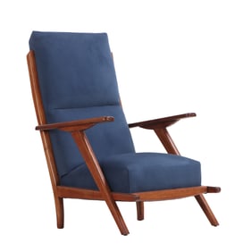 WALNUT OPEN ARM LOUNGE CHAIR C 1950 WITH NEW FABRIC.