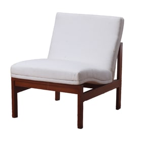 DANISH STYLE SLIPPER CHAIR C 1950 HAVING NEW BOUCLE TYPE FABRIC.