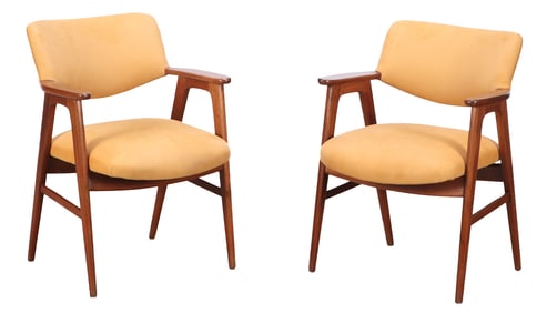 PAIR ITALIAN OPEN ARM CHAIRS C 1950 IN THE MANNER OF GIO PONTI HAVING NEW FABRIC.