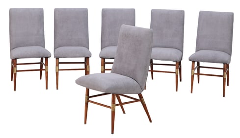SIX UPHOLSTERED DINING CHAIRS HAVING BRASS MOUNTS AND NEW FABRIC C 1950.