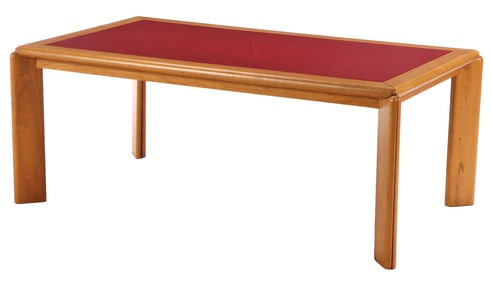 ITALIAN OAK AND RED LAMINATE DINING TABLE BY OAK C 1980. BASE DISMANTLES FOR TRANSPORT.